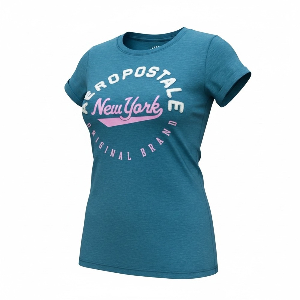 Aeropostale Womens Classic Crew Graphic T-Shirt Teal Blue New York Logo Large